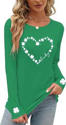 Saint Patricks Day Shirt Women Long Sleeve Green St Patricks Day Shamrock Shirt Irish Lucky Clover Heart Graphic Tee Top in Saudi Arabia