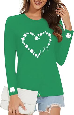 Saint Patricks Day Shirt Women Long Sleeve Green St Patricks Day Shamrock Shirt Irish Lucky Clover Heart Graphic Tee Top in Saudi Arabia