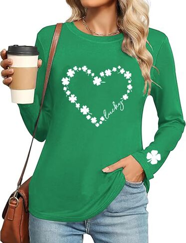 Saint Patricks Day Shirt Women Long Sleeve Green St Patricks Day Shamrock Shirt Irish Lucky Clover Heart Graphic Tee Top in Saudi Arabia