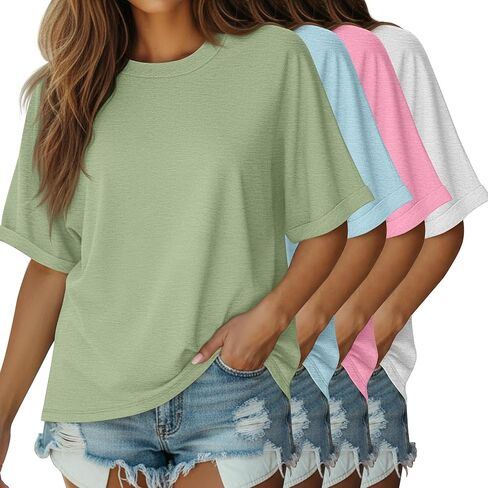 4 Pack Womens Oversized T Shirts Summer Casual Roll Up Short Sleeve Tops Crew Neck Loose Fit Basic Tee Clothes in Saudi Arabia