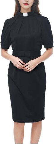 فستان نسائي لرجال الدين بأكمام قصيرة، فستان ضيق بعلامة التبويب، ياقة، فساتين رجال الدين مع أحزمة in Kuwait