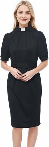 Women's Clergy Dress Short Sleeve Pencil Dress Tab Insert Collar Priest Clergy Dresses with Belts in Saudi Arabia
