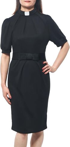 Women's Clergy Dress Short Sleeve Pencil Dress Tab Insert Collar Priest Clergy Dresses with Belts in Saudi Arabia