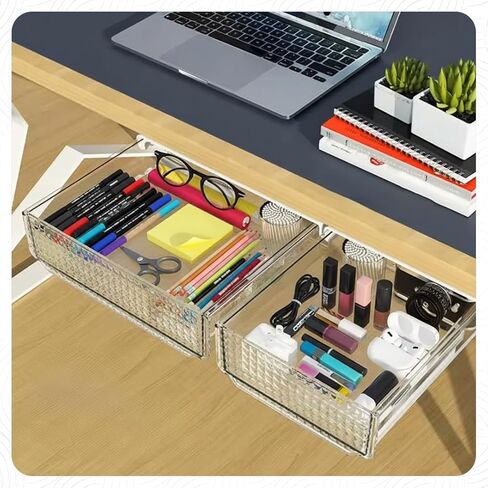 Slide and Stash Under Desk Drawers Office Organizer 2-Pack Small and Medium – Office Organization Drawer Slides Include Adhesive Tape – Easy DIY Installation for Desk Organization, Cupboard, Wardrobe in Saudi Arabia