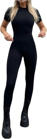 WDIRARA Women's Short Sleeve Basic Jumpsuits Round Neck Sexy Date Night Unitard Pants Romper in Saudi Arabia