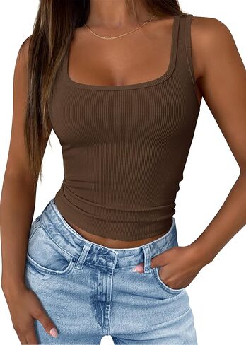 KIRUNDO Tank Tops for Women 2026 Casual Square Neck Summer Outfits Ribbed Fitted Camisole Shirt Sleeveless Workout Clothes in Saudi Arabia