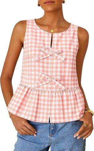 ZESICA Women's Summer Sleeveless Gingham Tank Tops 2026 Crewneck Tie Front Top Loose Ruffle Peplum Babydoll Blouses in Saudi Arabia