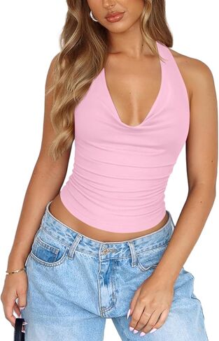 PINKMSTYLE قطع علوية نسائية مثيرة برقبة متدلية بدون ظهر وطبقة مزدوجة مكشكشة للخروج للصيف بدون أكمام in Kuwait
