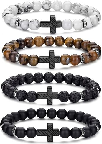 Tondiamo 4pcs Cross Bead Bracelet for Men 8mm Tigers Eye Lava Rock Onyx Black Obsidian American Flag Cross Bracelet Natural Stone Stretch Adjustable Black Wrist Beads for Men Women Gifts in Saudi Arabia