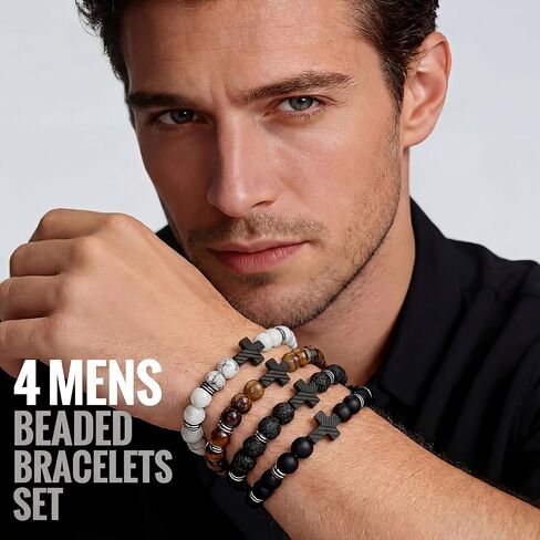 Tondiamo 4pcs Cross Bead Bracelet for Men 8mm Tigers Eye Lava Rock Onyx Black Obsidian American Flag Cross Bracelet Natural Stone Stretch Adjustable Black Wrist Beads for Men Women Gifts in Saudi Arabia