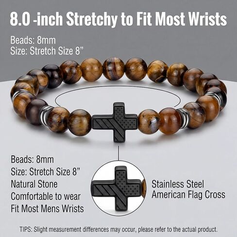 Tondiamo 4pcs Cross Bead Bracelet for Men 8mm Tigers Eye Lava Rock Onyx Black Obsidian American Flag Cross Bracelet Natural Stone Stretch Adjustable Black Wrist Beads for Men Women Gifts in Saudi Arabia