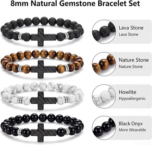 Tondiamo 4pcs Cross Bead Bracelet for Men 8mm Tigers Eye Lava Rock Onyx Black Obsidian American Flag Cross Bracelet Natural Stone Stretch Adjustable Black Wrist Beads for Men Women Gifts in Saudi Arabia