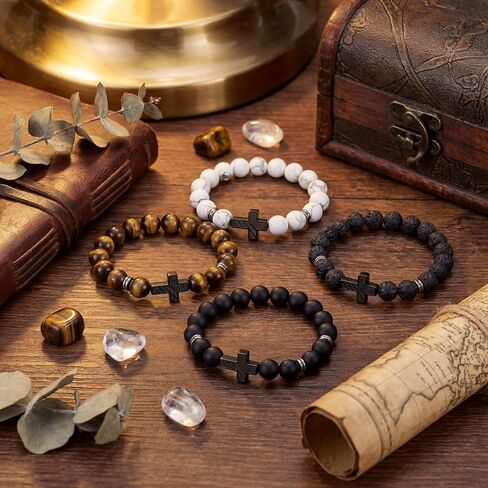 Tondiamo 4pcs Cross Bead Bracelet for Men 8mm Tigers Eye Lava Rock Onyx Black Obsidian American Flag Cross Bracelet Natural Stone Stretch Adjustable Black Wrist Beads for Men Women Gifts in Saudi Arabia