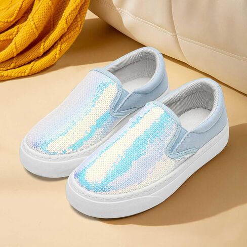 Toddler Sneakers for Girls Boys Low Top Slip On Kids Canvas Casual Shoes Comfort Slip On Fashion Color Glitter Walking Runing Flat Heel Sequins Sneakers Shoes Blue in Saudi Arabia