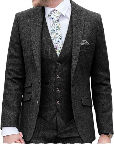 Men Suit Classic Regular Fit 3 Piece Tweed Herringbone Wool Jacket Tuxedos Wedding Grooms Blazer+Vest+Pants in Saudi Arabia