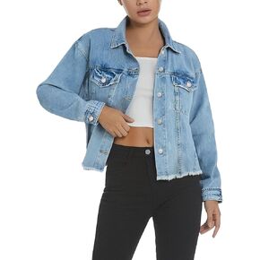 سترة جينز للنساء من YUZIBAO - سترة بأزرار أمامية، مقاس كبير، وأكمام طويلة، وجيوب، وحاشية مهترئة in Kuwait