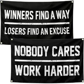 مجموعة لافتات تحفيزية مقاس 3 × 5 أقدام - ديكور حائط لصالة الألعاب الرياضية والمكتب مع 4 حلقات - ملصقات داخلية/خارجية شديدة التحمل من الفينيل بوزن 13oz مطبوعة بالأشعة فوق البنفسجية - الخاسرون يجدون عذرًا، لا أحد يهتم بالعمل بجدية أكبر in Kuwait