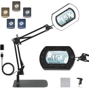 LIWEGHT 15x Square Magnifying Glass with Light and Stand, 5 Color Stepless Dimmable 2-in-1 Magnifier Desk Lamp & Clamp, Hands-Free Magnifying Glass for Reading Craft Work (Timer Function) in Saudi Arabia