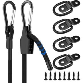 4 قطع من الفولاذ المقاوم للصدأ على شكل حرف D مرساة و2 قطعة من حبال بنجي قابلة للتعديل 180 سم، حلقات رموش 1/4 بوصة مع براغي للمقطورة، سرير الشاحنة، العربة، السيارة الترفيهية، القوارب والتحكم في البضائع (أسود) in Kuwait
