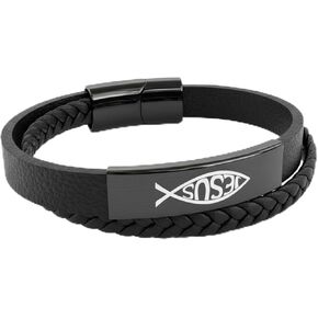 سوار مسيحي للرجال، سوار من الجلد والفولاذ المقاوم للصدأ على شكل سمكة يسوع مستوحى من الله، هدايا مسيحية للرجال، الزوج، الأب، مثالي لعيد الحب، عيد الميلاد أو عيد الأب، 8.6 بوصة in Kuwait