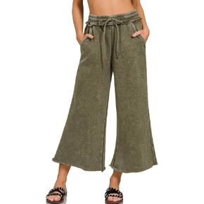 Miduo إمرأة مرونة عالية الخصر الرباط واسعة الساق اقتصاص المعدنية غسل صالة السراويل مع جيوب جانبية بناطيل كاجوال in Kuwait