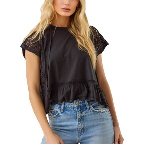 Women's Tops Cropped Lace Crochet Crewneck Cap Sleeve Shirt Cute Peplum Casual Summer Blouses in Saudi Arabia