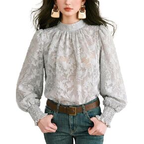 بلوزة نسائية صيفية من الدانتيل الشفاف ورقبة عالية من الشيفون الزهري وأكمام طويلة فضفاضة تناسب ملابس يومية غير رسمية in Kuwait