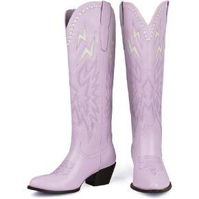 KISSASA أحذية رعاة البقر للنساء أحذية راعية البقر عالية في الركبة مع سحاب على البرق مطرزة بمقدمة مدببة غربية بكعب منخفض مكتنز أحذية طويلة in Kuwait