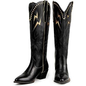 KISSASA Cowboy Boots for Women Knee High Cowgirl Boots Pull On Lightning Embroidered Pointed Toe Western Chunky Low Heel Tall Boots in Kuwait