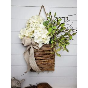 2026 Cream Hydrangea Door Hanger Basket Wreath, Spring Summer Wreaths for Front Door Wildflowers Front Door Basket Wreath Artificial Flower Hanging Basket for Home Farmhouse Seasonal Decor (A) in Saudi Arabia