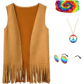 Kids Hippie Costume for Boys 60s 70s Boho Fringe Open Front Sleeveless Tassels Vest 4 Pcs Set for Theme Party in Saudi Arabia