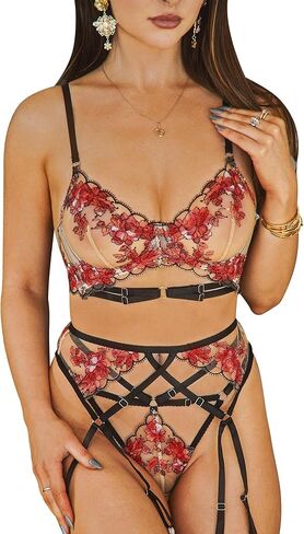 Sexy Lingerie for Women,3 Piece Lace Lingerie Set Bra and Panty Sets with Garter Belt Babydoll in Saudi Arabia