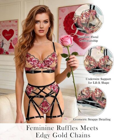 Sexy Lingerie for Women,3 Piece Lace Lingerie Set Bra and Panty Sets with Garter Belt Babydoll in Saudi Arabia