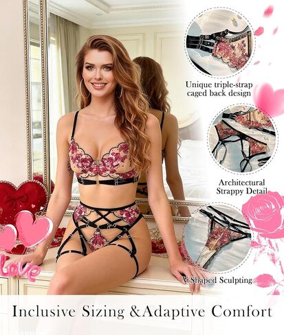Sexy Lingerie for Women,3 Piece Lace Lingerie Set Bra and Panty Sets with Garter Belt Babydoll in Saudi Arabia