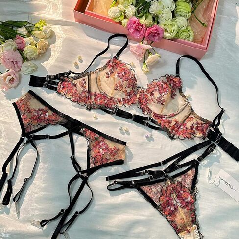 Sexy Lingerie for Women,3 Piece Lace Lingerie Set Bra and Panty Sets with Garter Belt Babydoll in Saudi Arabia