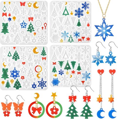 4 Pack Christmas Resin Earring Molds, Various Shapes Waterdrop Snowflake Snowman Elk Gingerbread Man Santa Claus Christmas Tree Silicone Mold for DIY Making Earring Pendant Jewelry Gift in Saudi Arabia