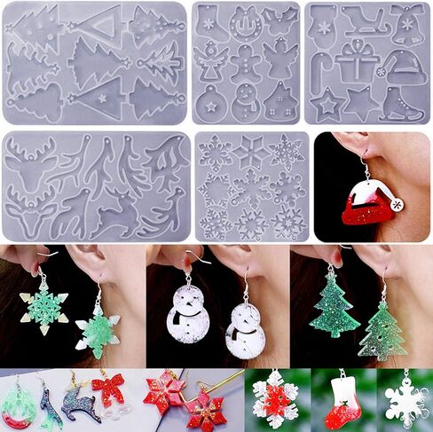 4 Pack Christmas Resin Earring Molds, Various Shapes Waterdrop Snowflake Snowman Elk Gingerbread Man Santa Claus Christmas Tree Silicone Mold for DIY Making Earring Pendant Jewelry Gift in Saudi Arabia
