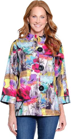 Ali Miles Women's Woven Button Front Jacket Stand Collar Three Quarters Sleeves in Saudi Arabia