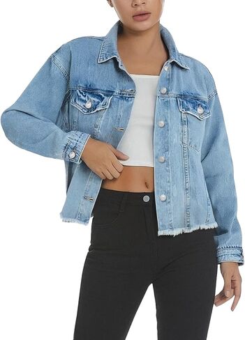 سترة جينز للنساء من YUZIBAO - سترة بأزرار أمامية، مقاس كبير، وأكمام طويلة، وجيوب، وحاشية مهترئة in Kuwait