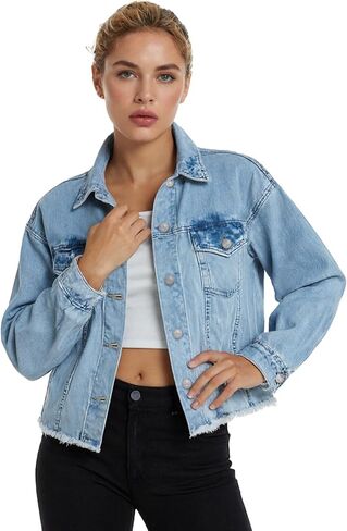 سترة جينز للنساء من YUZIBAO - سترة بأزرار أمامية، مقاس كبير، وأكمام طويلة، وجيوب، وحاشية مهترئة in Kuwait