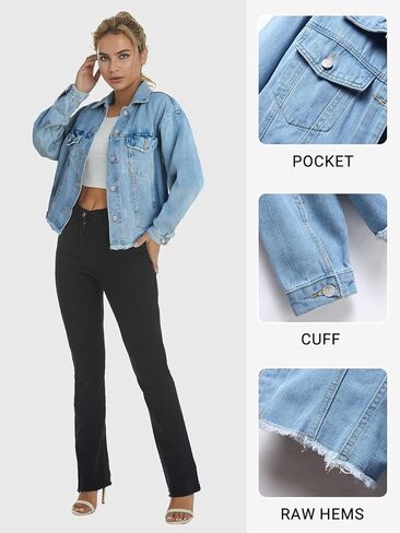 سترة جينز للنساء من YUZIBAO - سترة بأزرار أمامية، مقاس كبير، وأكمام طويلة، وجيوب، وحاشية مهترئة in Kuwait