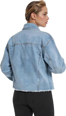 سترة جينز للنساء من YUZIBAO - سترة بأزرار أمامية، مقاس كبير، وأكمام طويلة، وجيوب، وحاشية مهترئة in Kuwait