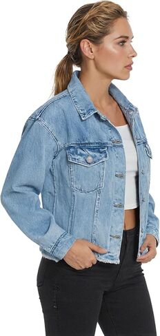 سترة جينز للنساء من YUZIBAO - سترة بأزرار أمامية، مقاس كبير، وأكمام طويلة، وجيوب، وحاشية مهترئة in Kuwait