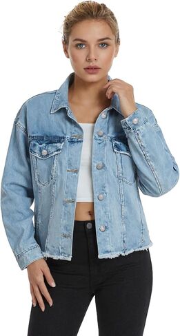 سترة جينز للنساء من YUZIBAO - سترة بأزرار أمامية، مقاس كبير، وأكمام طويلة، وجيوب، وحاشية مهترئة in Kuwait