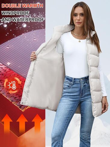 Gihuo Women's Long Puffer Vest Winter Warm Quilted Hooded Zip Up Sleeveless Jacket Vest Gilet (Beige-XL) in Saudi Arabia