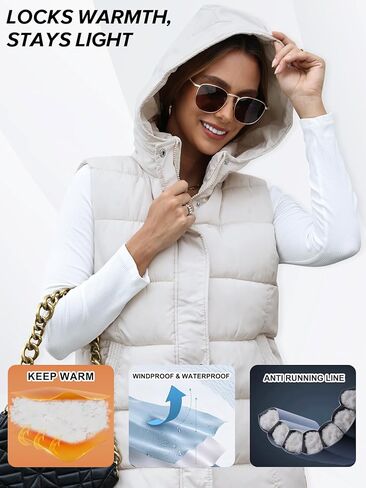 Gihuo Women's Long Puffer Vest Winter Warm Quilted Hooded Zip Up Sleeveless Jacket Vest Gilet (Beige-XL) in Saudi Arabia