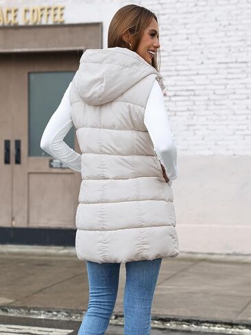 Gihuo Women's Long Puffer Vest Winter Warm Quilted Hooded Zip Up Sleeveless Jacket Vest Gilet (Beige-XL) in Saudi Arabia