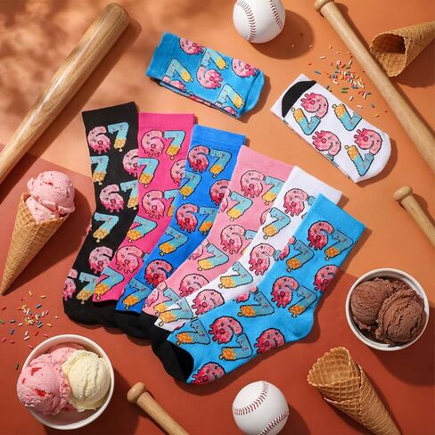 Suhine 6 Pairs 67 Ice Cream Socks Bulk Six Seven Ice Cream Drip Baseball Crew Socks Funny Novelty 6 7 Gifts for Men Women Sports Team Player Birthday, 6 Styles in Saudi Arabia