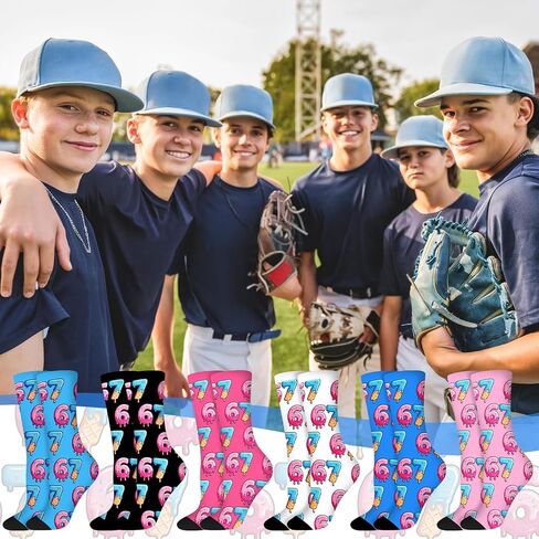 Suhine 6 Pairs 67 Ice Cream Socks Bulk Six Seven Ice Cream Drip Baseball Crew Socks Funny Novelty 6 7 Gifts for Men Women Sports Team Player Birthday, 6 Styles in Saudi Arabia