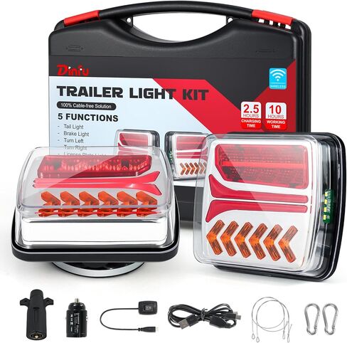 مصابيح مقطورة لاسلكية مغناطيسية من Dinfu - [مزامنة الفرامل العالمية] مجموعة مصابيح سحب متوافقة مع الإشارة بنسبة 100% مع كابل إعداد، USB-C قابل لإعادة الشحن، IP67 للشاحنة، RV، القارب in Kuwait